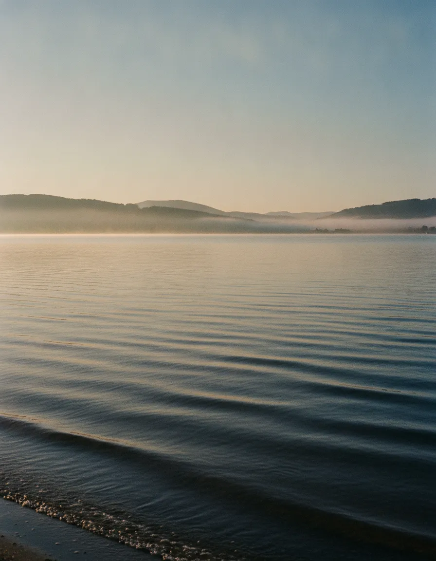 La surface d'un lac au petit matin, ridée par une brise légère